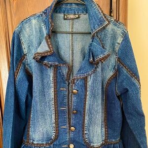 Vintage Feminine Jean Jacket with Lace Trim, Peplum Waist. Pyramid Denim. L